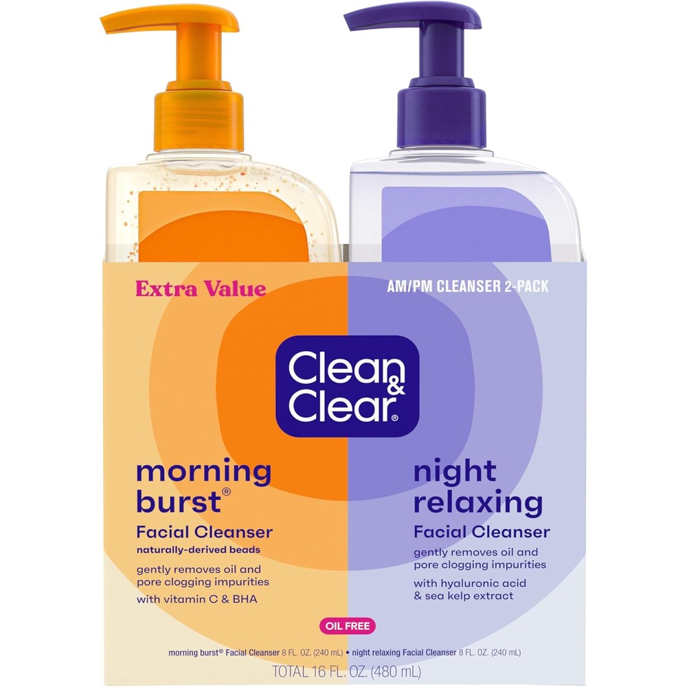 Clean And Clear Day And Night Facial Cleanser 2-Pack front view of both bottles