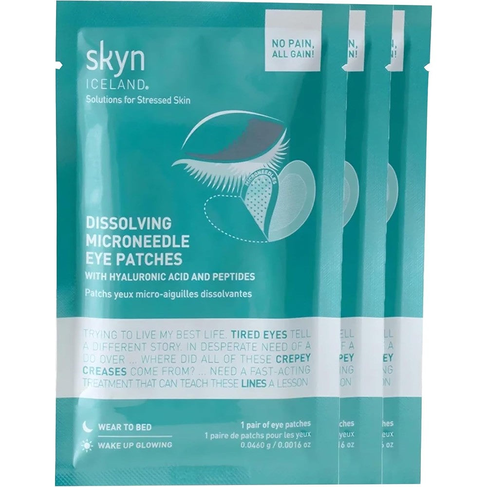 Skyn ICELAND Dissolving Microneedle Under Eye Patches front view showing packaging and 3 pairs count
