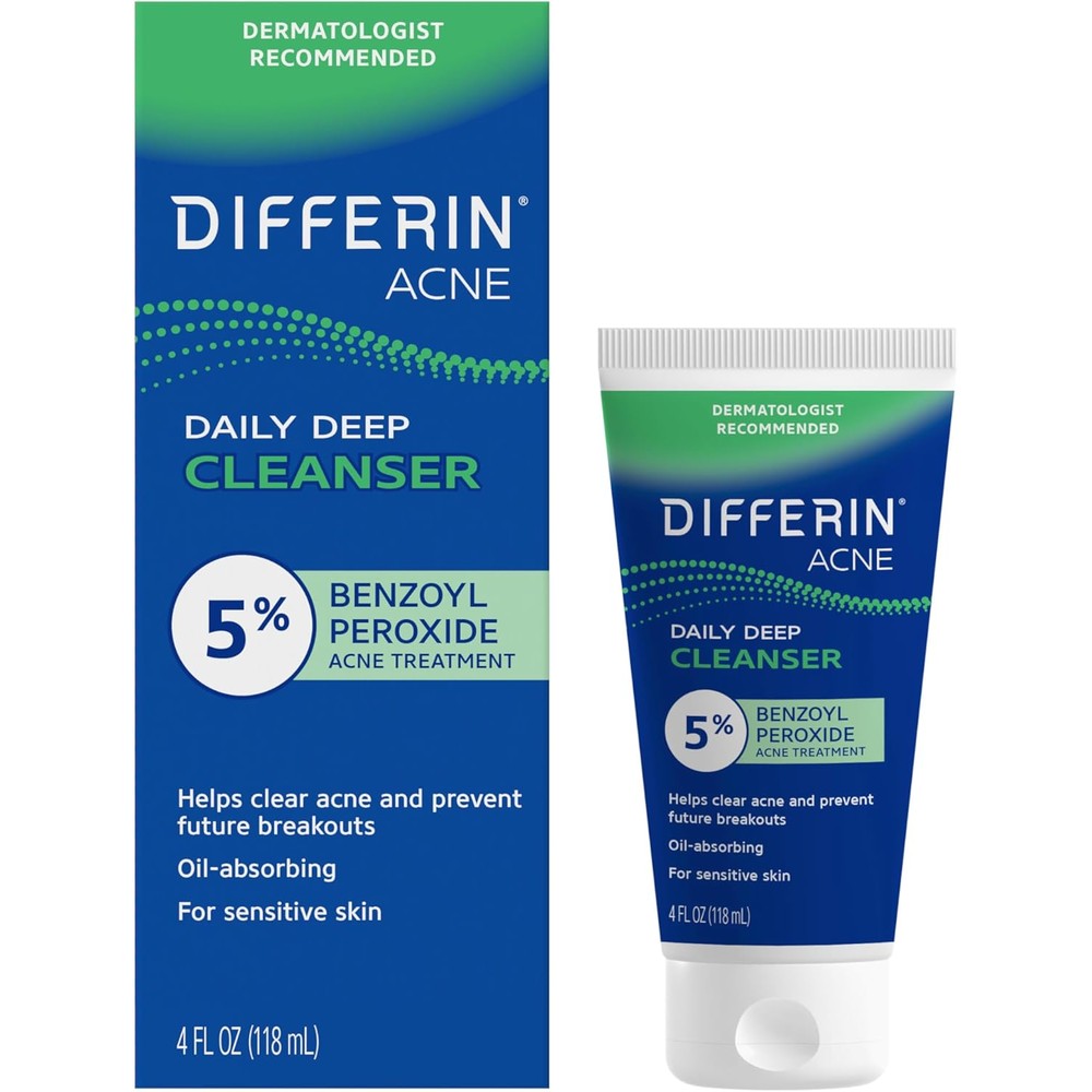 Differin Acne Face Wash 5% Benzoyl Peroxide front view of tube packaging