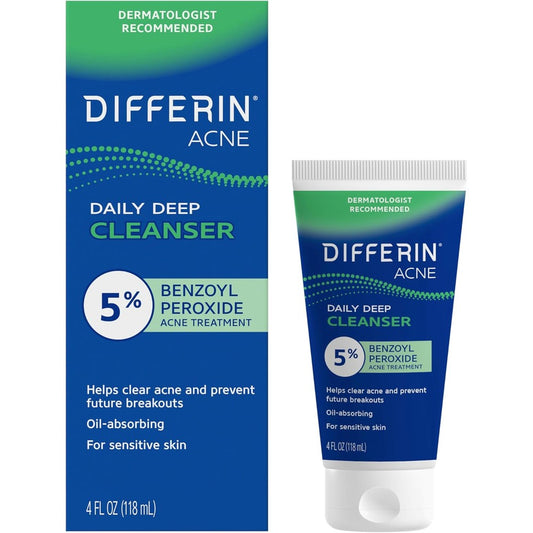 Differin Acne Face Wash 5% Benzoyl Peroxide front view of tube packaging