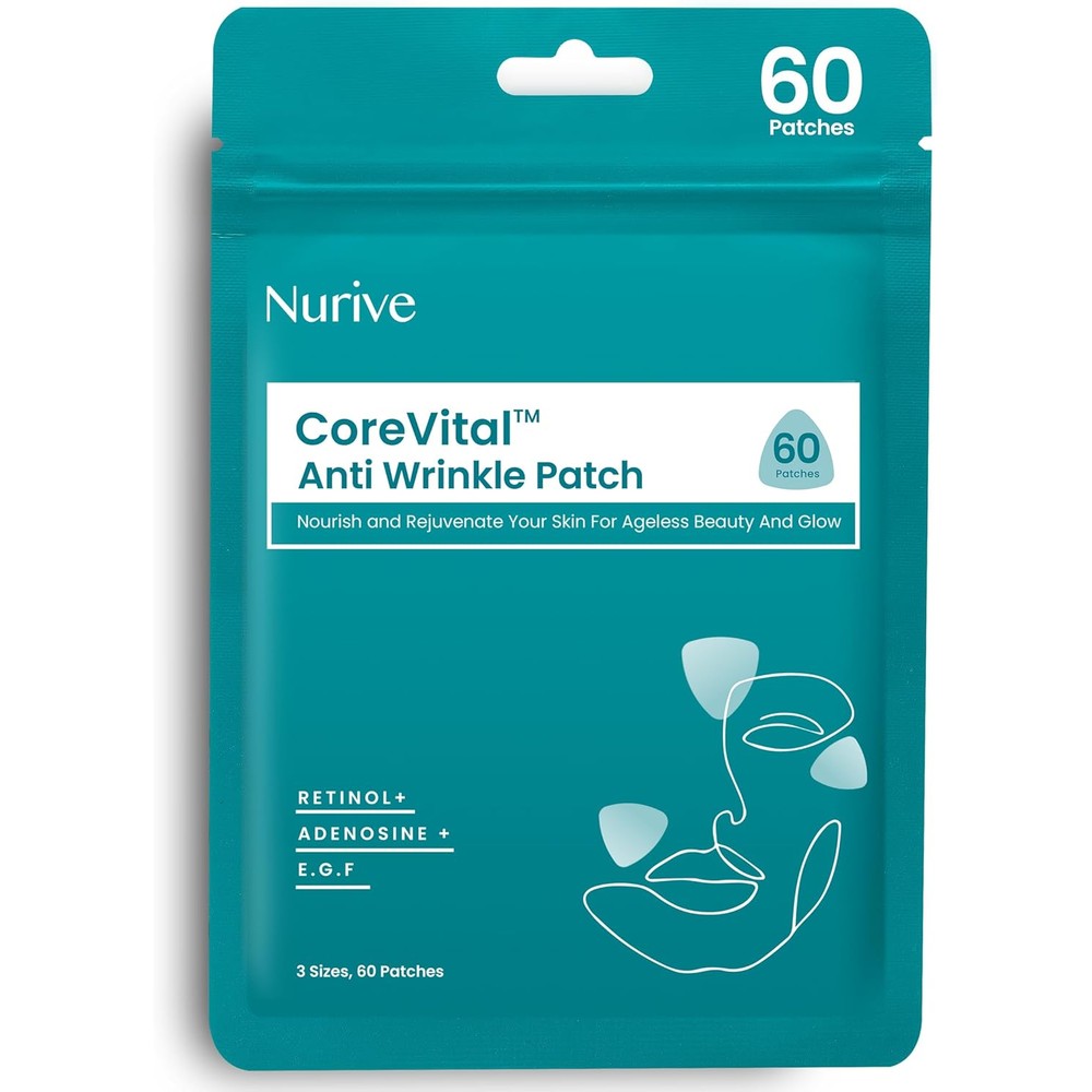 NURIVE CoreVital Advanced Wrinkle Patches front view pack showcasing the authentic anti aging overnight face tape packaging.