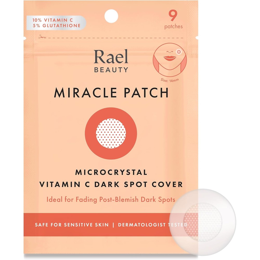 Rael Miracle Patch Microcrystal Dark Spot Cover 9 count front packaging view showing key brightening ingredients.