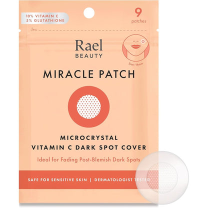 Rael Miracle Patch Microcrystal Dark Spot Cover 9 count front packaging view showing key brightening ingredients.