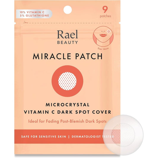 Rael Miracle Patch Microcrystal Dark Spot Cover 9 count front packaging view showing key brightening ingredients.