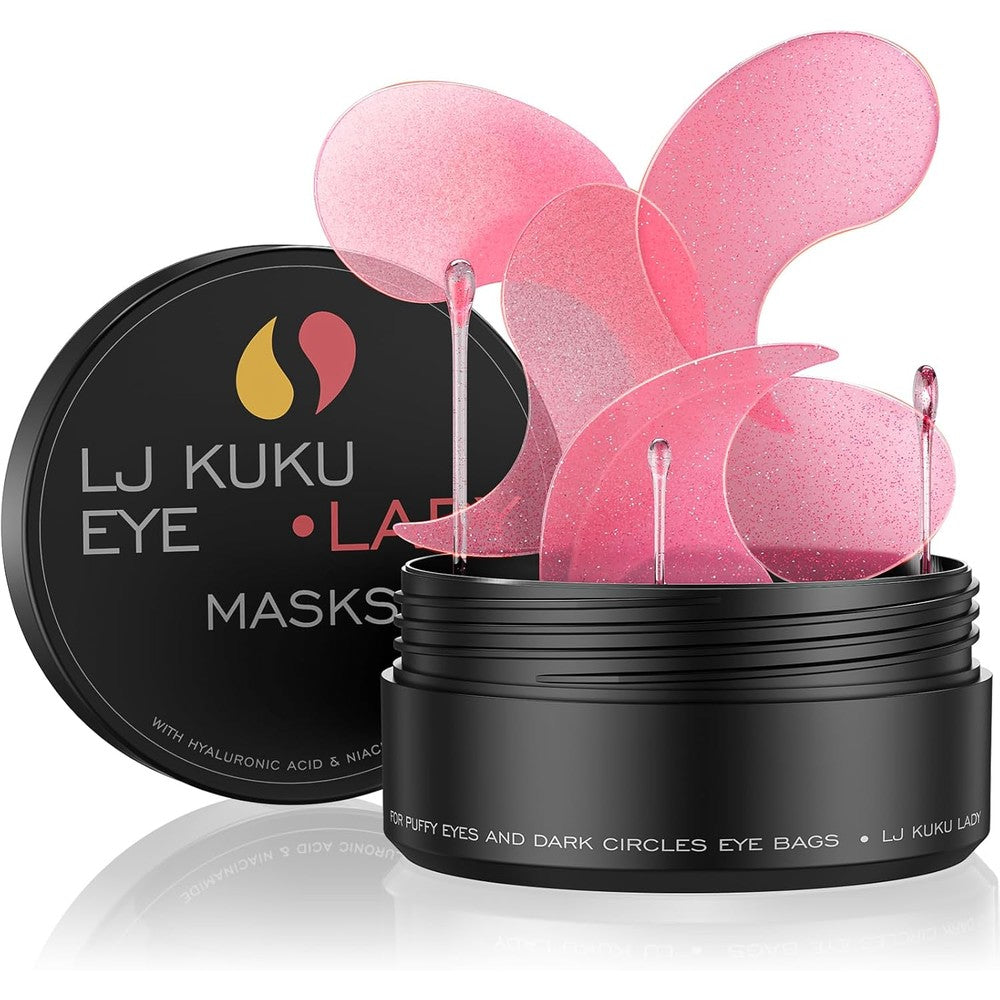 LJ KuKu Lady Gold Essence Hydrogel Under Eye Patches front view showing the rose pink packaging container.