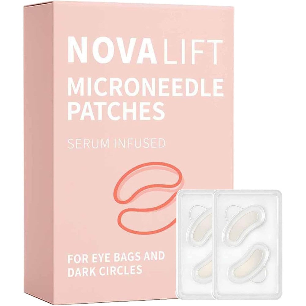 Novalift MicroGlow microneedle eye patches front view of the packaging box.