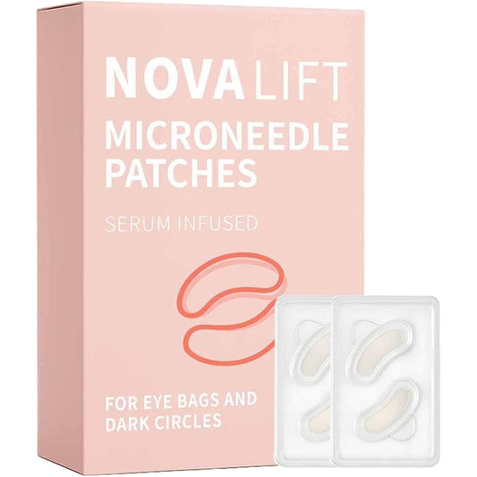 Novalift MicroGlow microneedle eye patches front view of the packaging box.