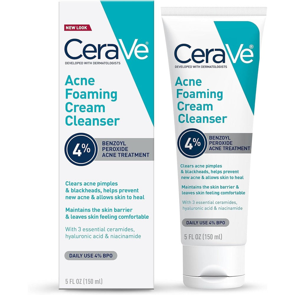CeraVe Acne Foaming Cream Cleanser front view showing 4 percent benzoyl peroxide face wash branding.