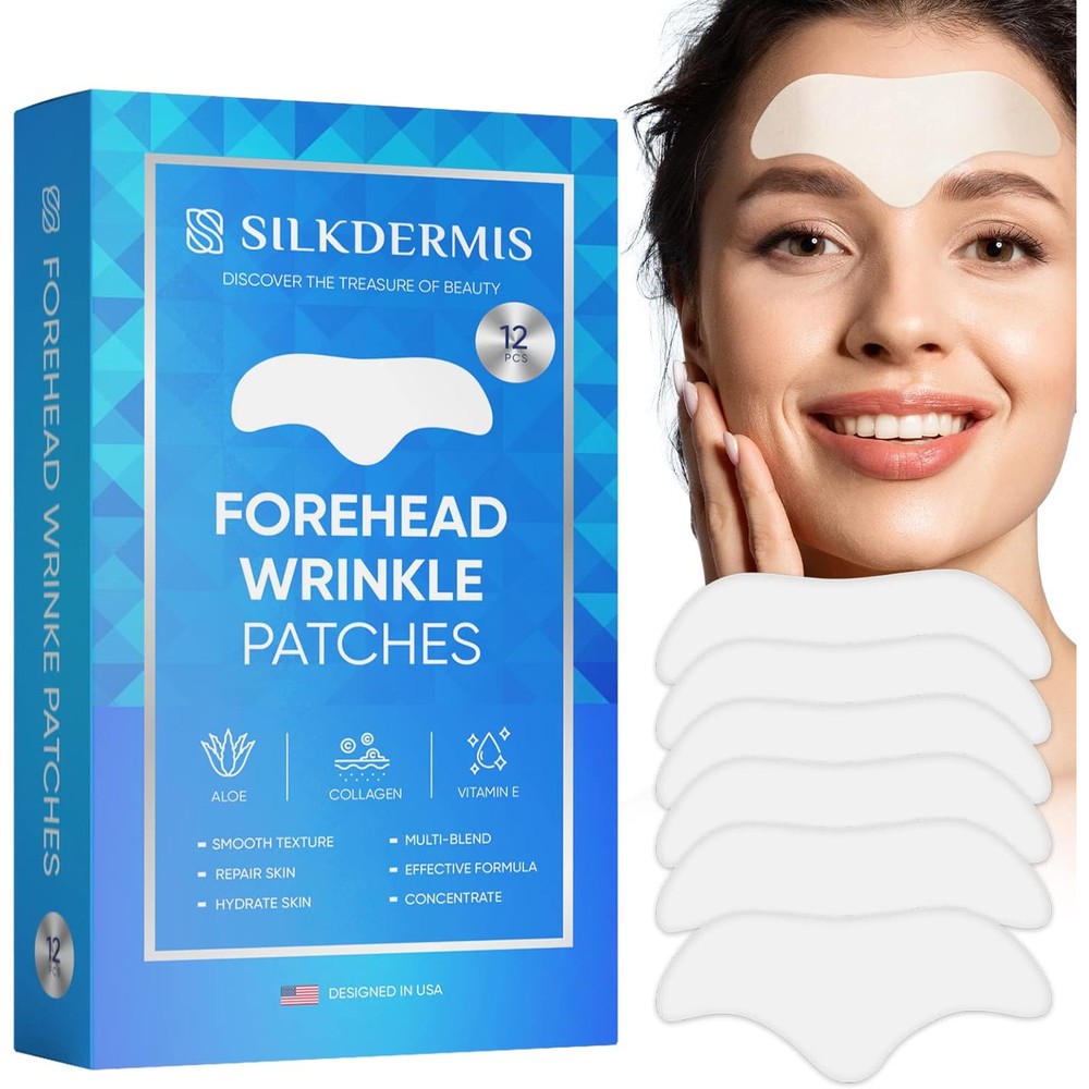 Silkdermis forehead wrinkle patches front view of the blue packaging box showing the twelve count text.