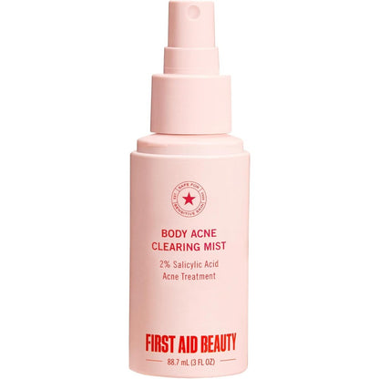 First Aid Beauty Body Acne Clearing Mist front view showing the three ounce bottle packaging