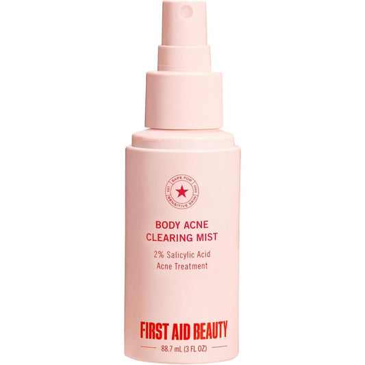 First Aid Beauty Body Acne Clearing Mist front view showing the three ounce bottle packaging