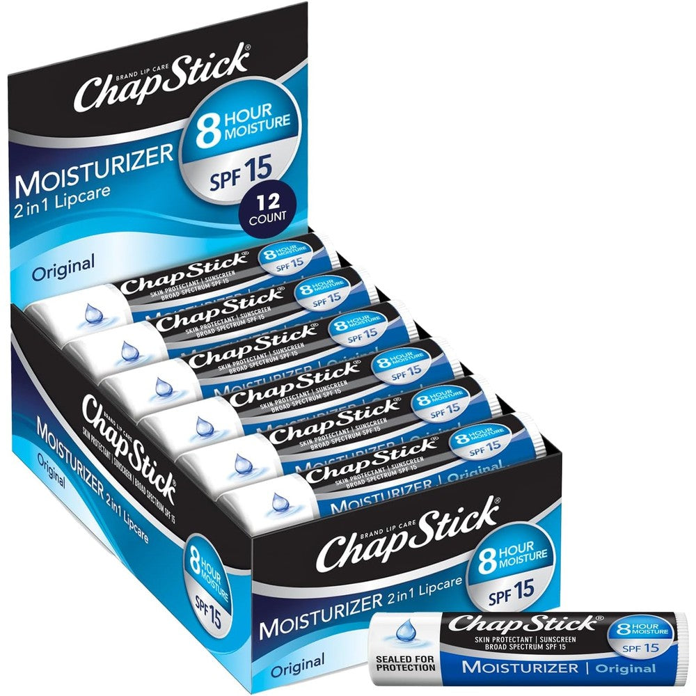 ChapStick Moisturizer 2-in-1 Lipcare SPF 15 Original front view of the twelve pack packaging.