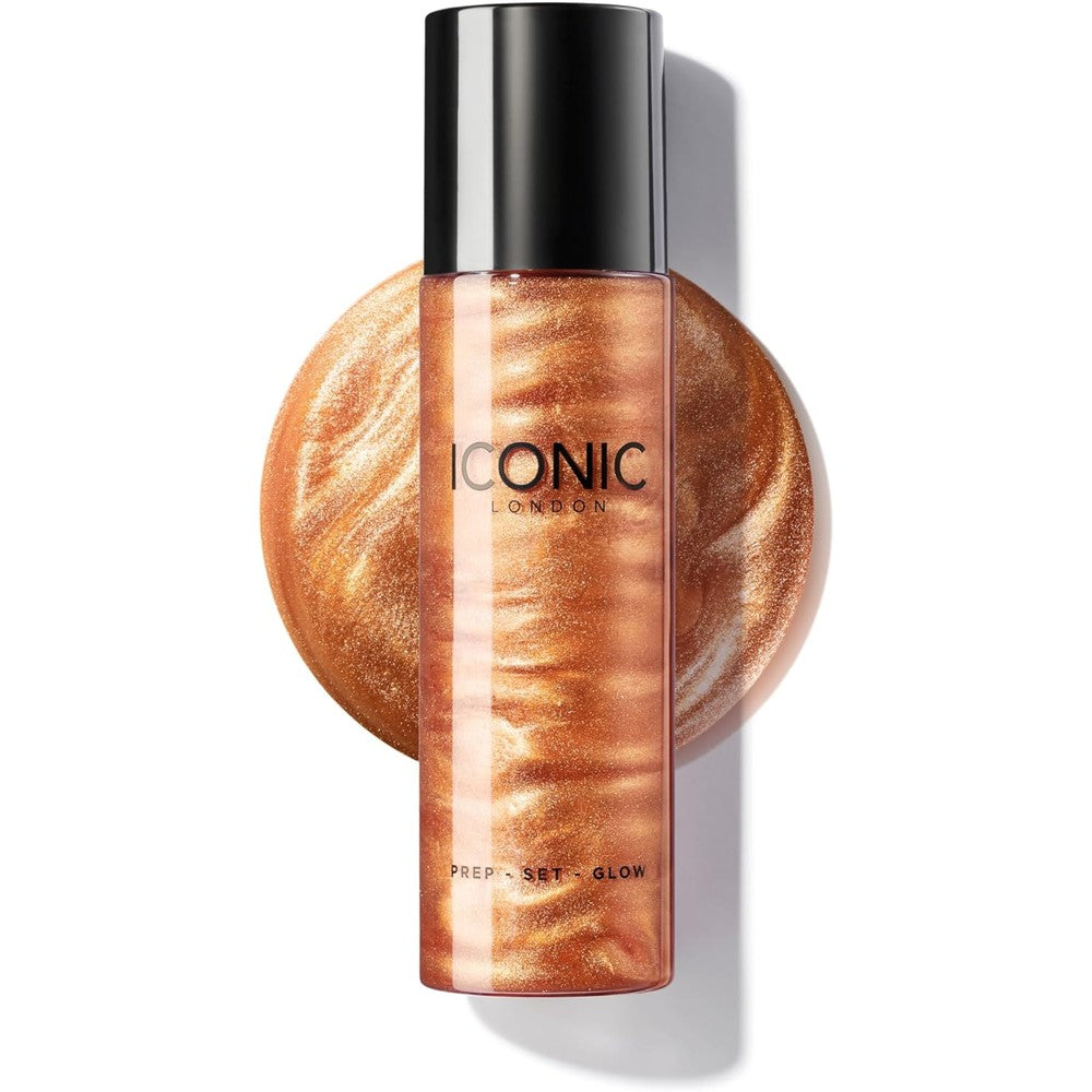 ICONIC LONDON Prep-Set-Glow hydrating shimmer setting spray bottle front view