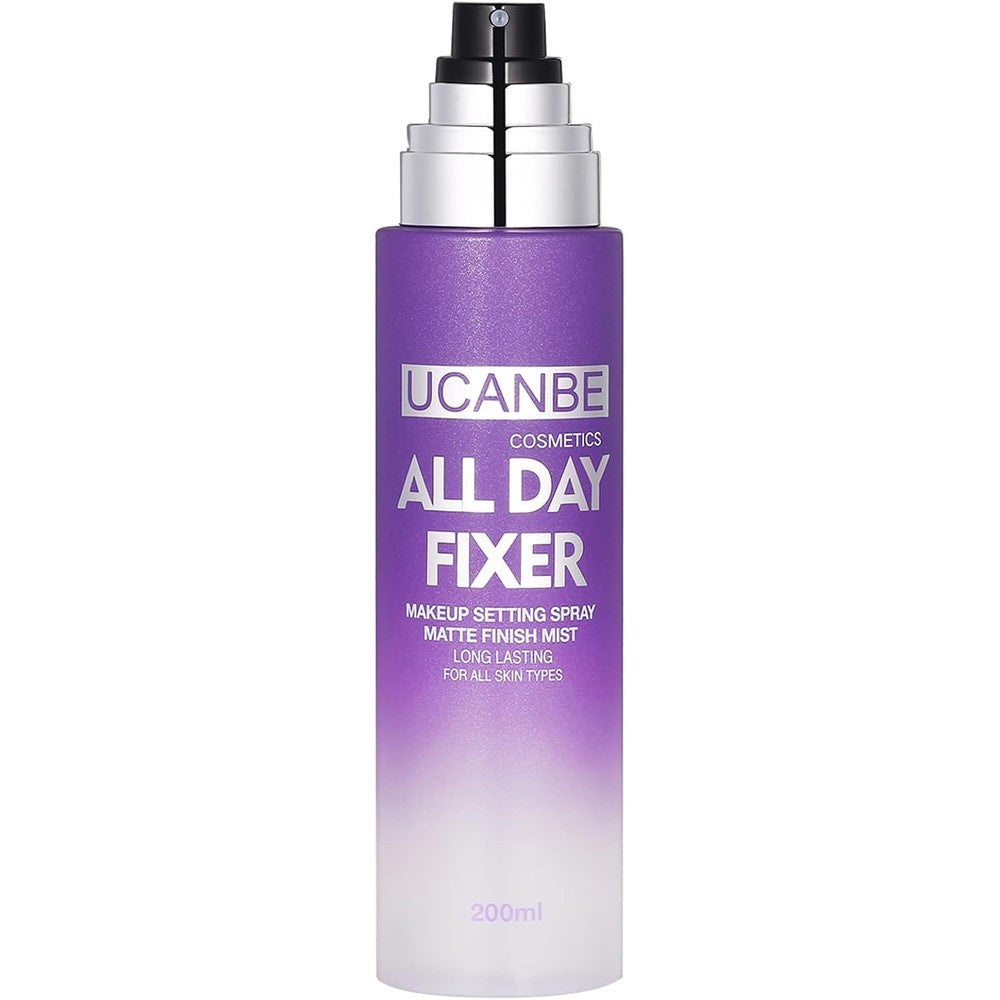 Cosluxe Ucanbe All Day Fixer matte setting spray front view bottle on white background