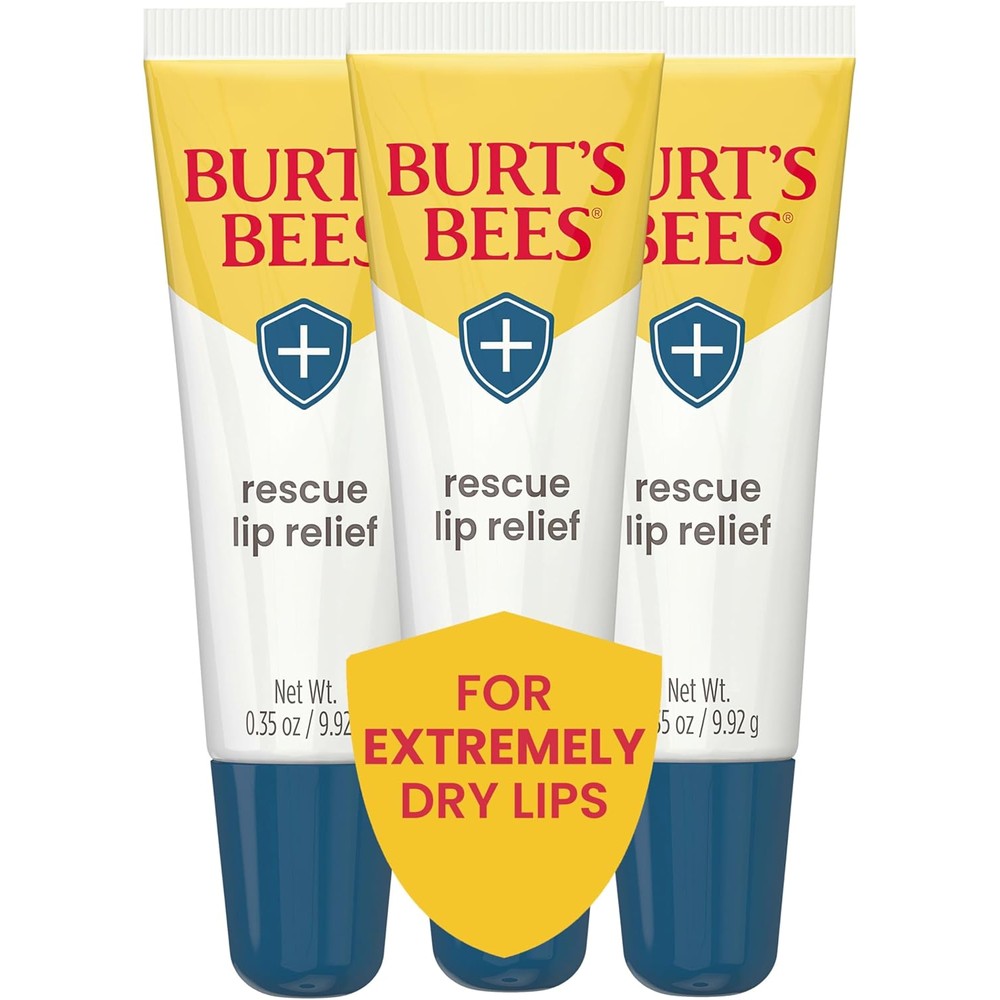 Burt's Bees Rescue Lip Relief Original 3-pack front view showcasing the squeezy tubes for intense lip hydration.