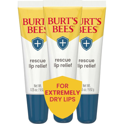 Burt's Bees Rescue Lip Relief Original 3-pack front view showcasing the squeezy tubes for intense lip hydration.