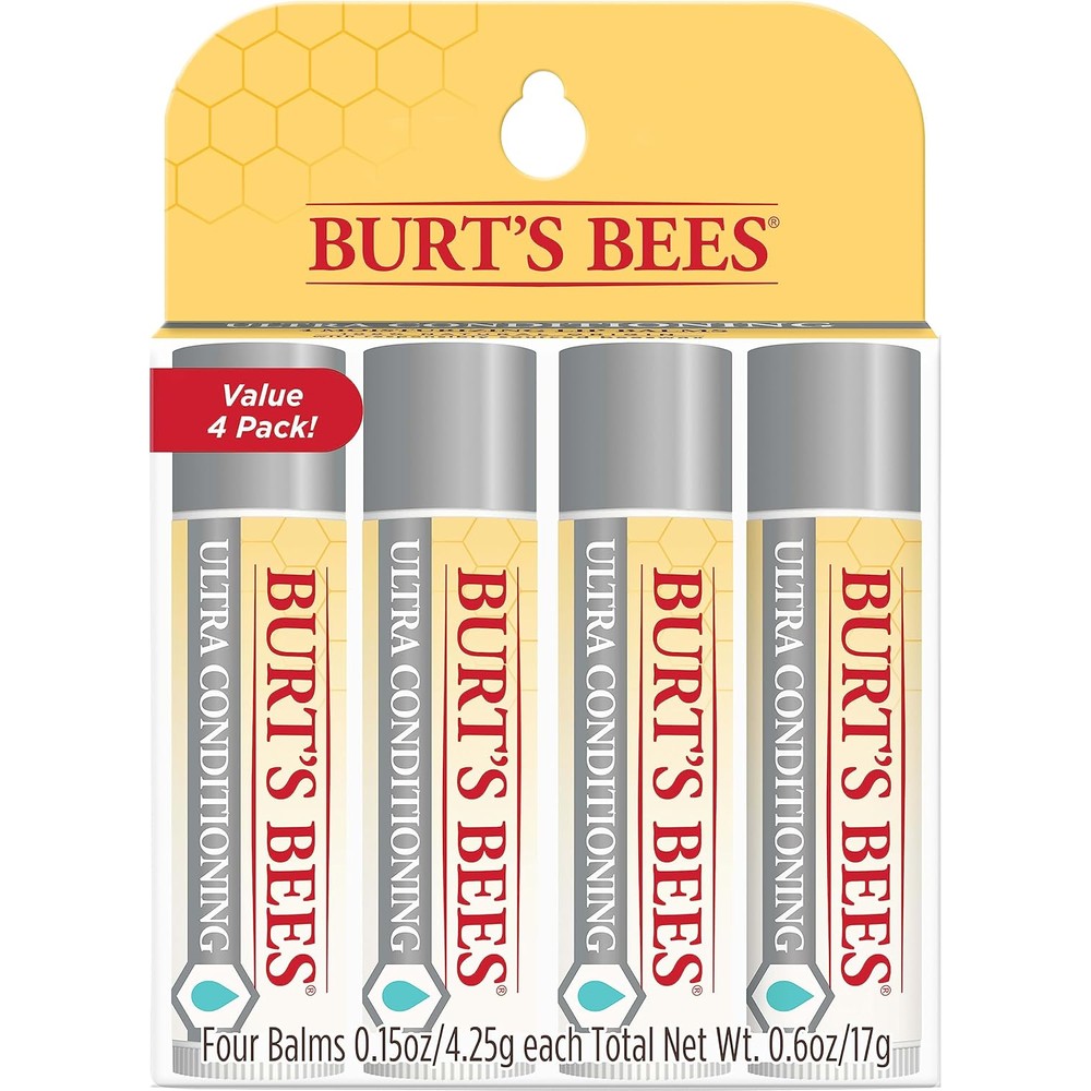 Burt's Bees Ultra Conditioning Lip Balm four pack front view showing the product packaging for intense lip hydration.