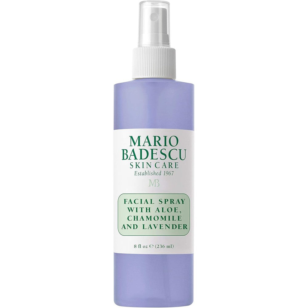 Mario Badescu Facial Spray with Aloe Chamomile and Lavender front view bottle showing the lavender colored liquid.
