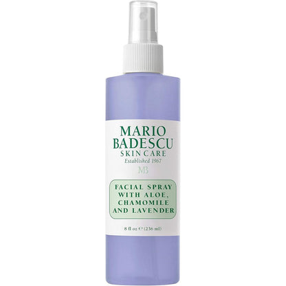 Mario Badescu Facial Spray with Aloe Chamomile and Lavender front view bottle showing the lavender colored liquid.