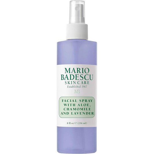Mario Badescu Facial Spray with Aloe Chamomile and Lavender front view bottle showing the lavender colored liquid.