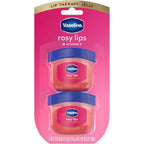 Vaseline lip therapy rosy lips twin pack front view featuring two mini jars