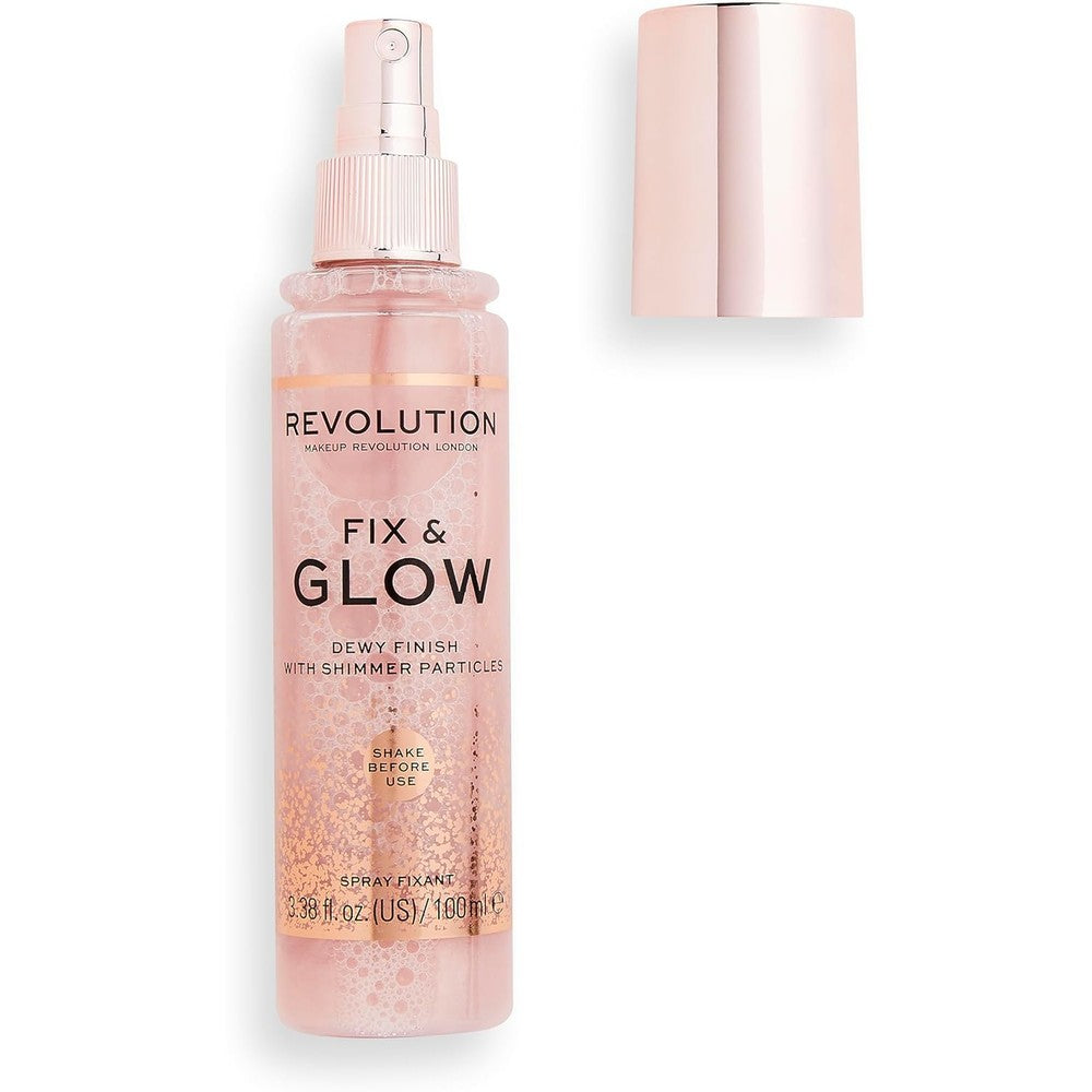 Makeup Revolution London Fix and Glow Fixing Spray front view bottle on white background