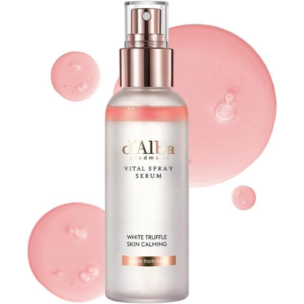 d'alba Piedmont White Truffle Vital Spray Serum front view showing bi-phase oil and water formula packaging