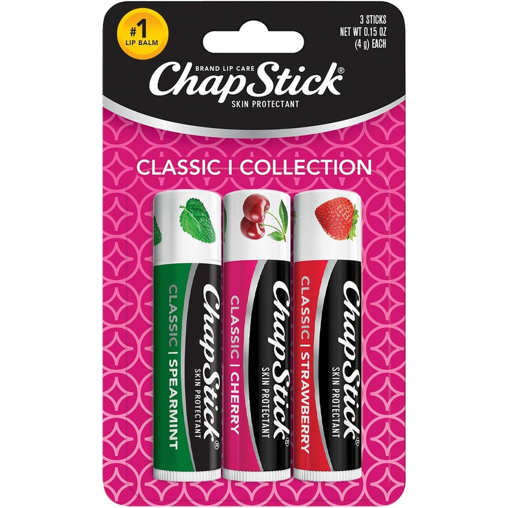 ChapStick Classic Collection 3-Pack front view showcasing Spearmint, Cherry, and Strawberry lip balm tubes.