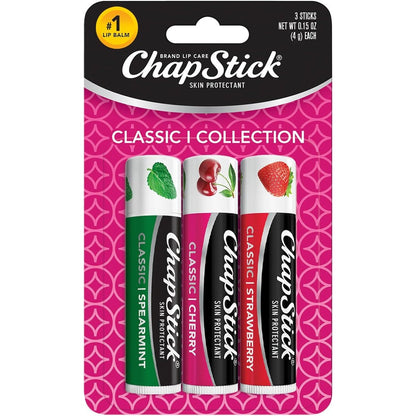 ChapStick Classic Collection Lip Balm 3-Pack front view showing spearmint cherry and strawberry tubes