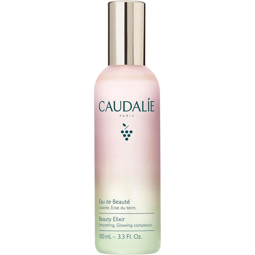 Caudalie Beauty Elixir Face Mist 100ml clear glass bottle front view with white spray cap