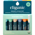 Cliganic organic lip balm set front view showing six assorted flavor tubes