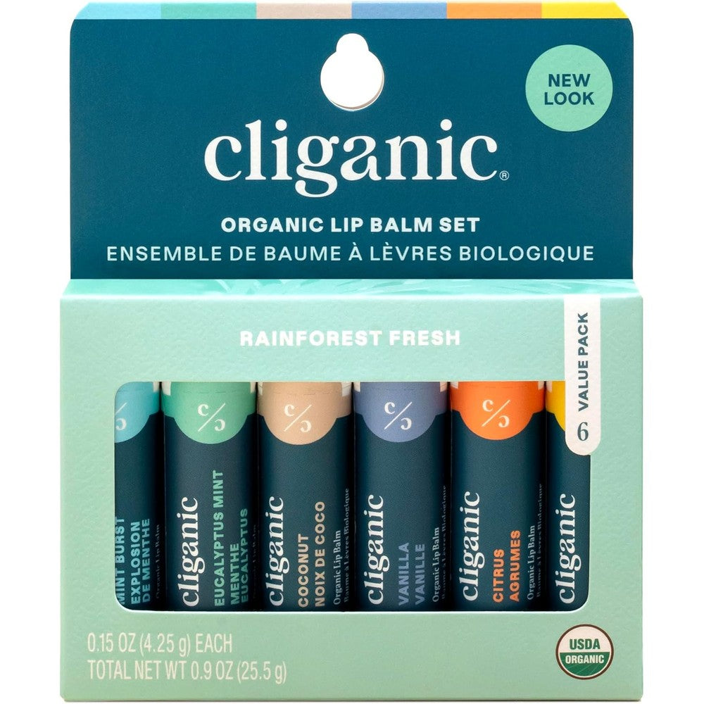 Cliganic Organic Lip Balm Set 6 pack showing variety of natural flavors