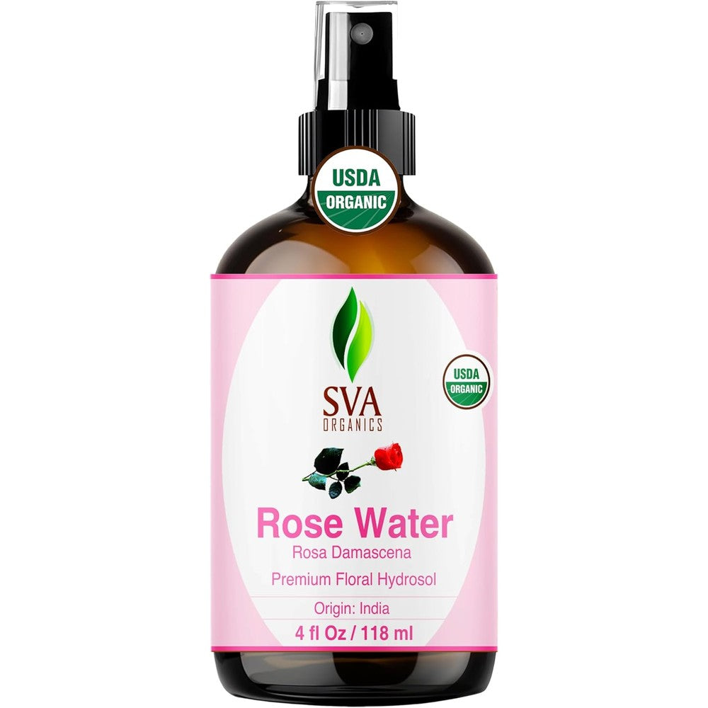 SVA ORGANICS Rose Water front view bottle showing the brand label and spray nozzle for facial skin hydration.