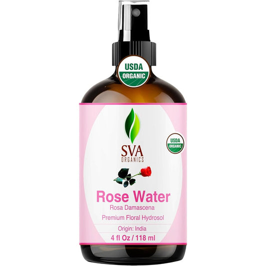 SVA ORGANICS Rose Water front view bottle showing the brand label and spray nozzle for facial skin hydration.