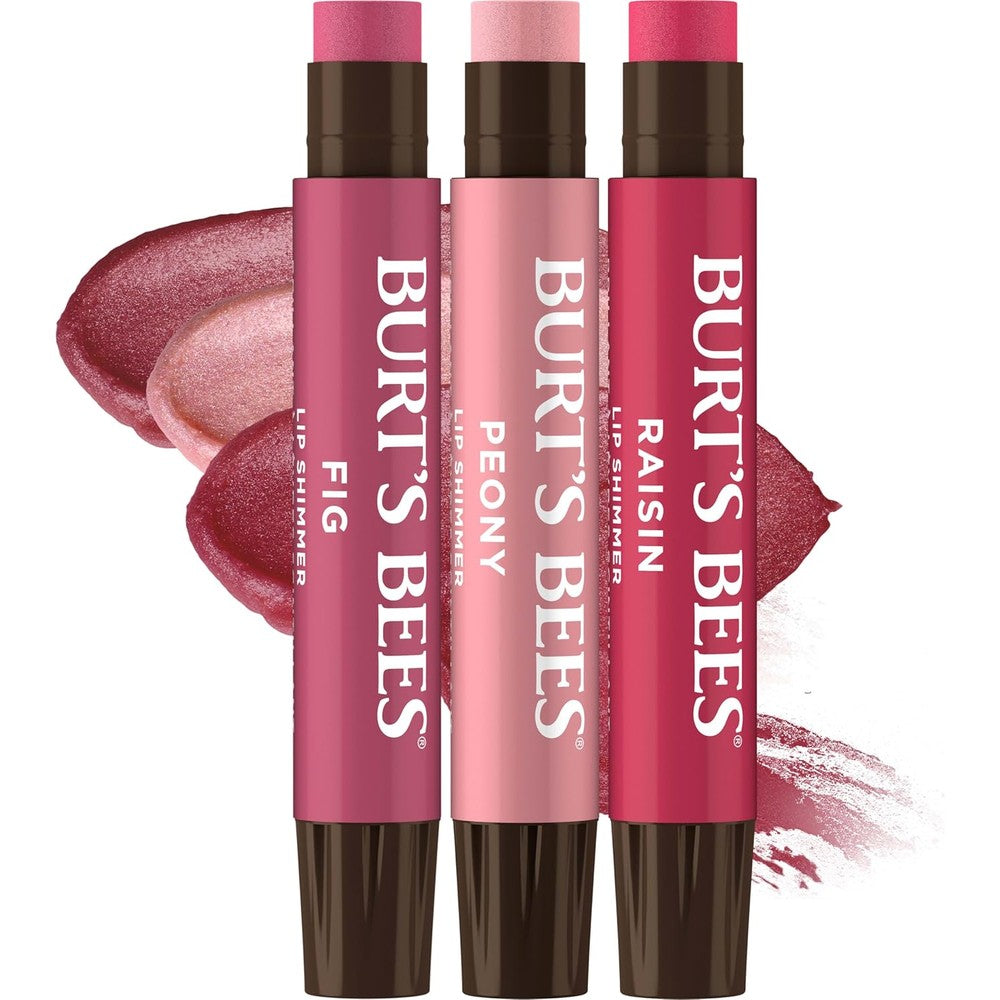Burt's Bees Lip Shimmer Nude Collection three pack front view showing premium USA packaging.