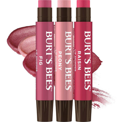 Burt's Bees Lip Shimmer Nude Collection three pack front view showing premium USA packaging.