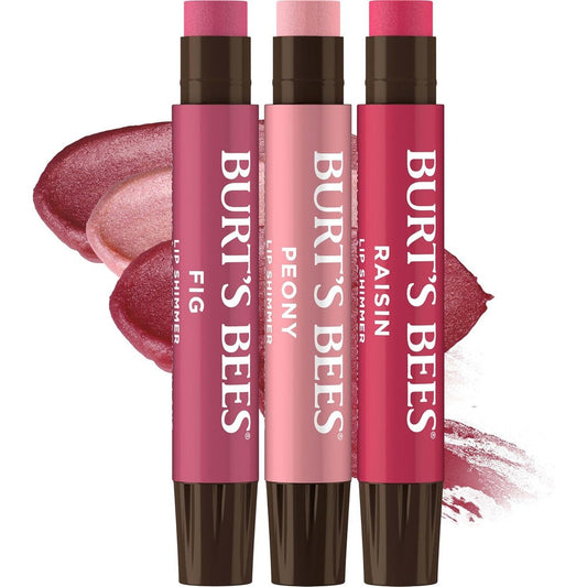 Burt's Bees Lip Shimmer Nude Collection three pack front view showing premium USA packaging.