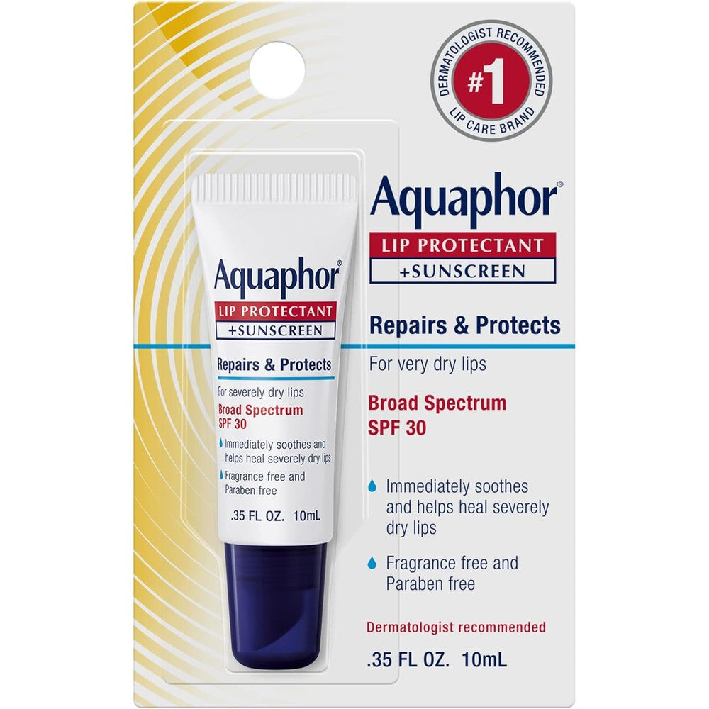 Aquaphor Lip Protectant and Sunscreen Ointment front view for dry lips.