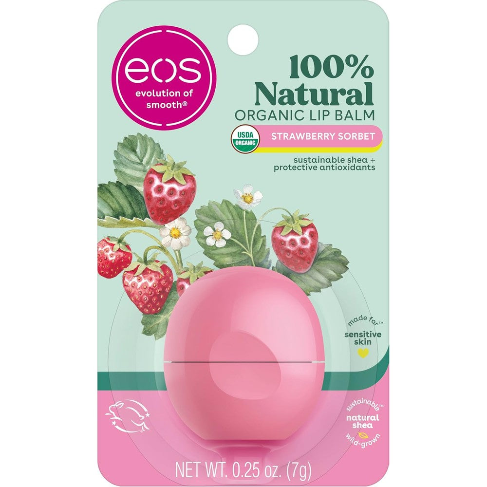 Eos Strawberry Sorbet organic lip balm sphere front view