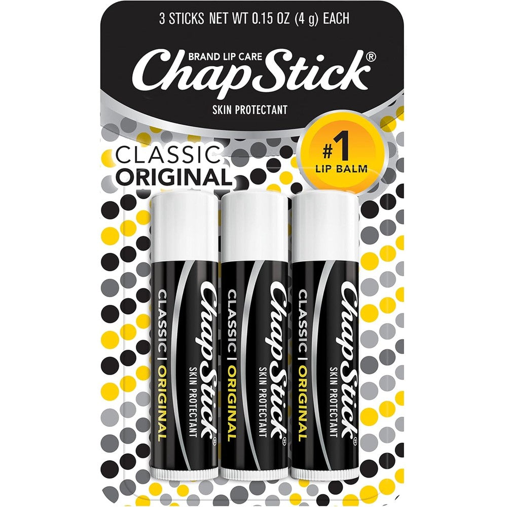 ChapStick Classic Original Lip Balm pack of three front view for dry lip protection