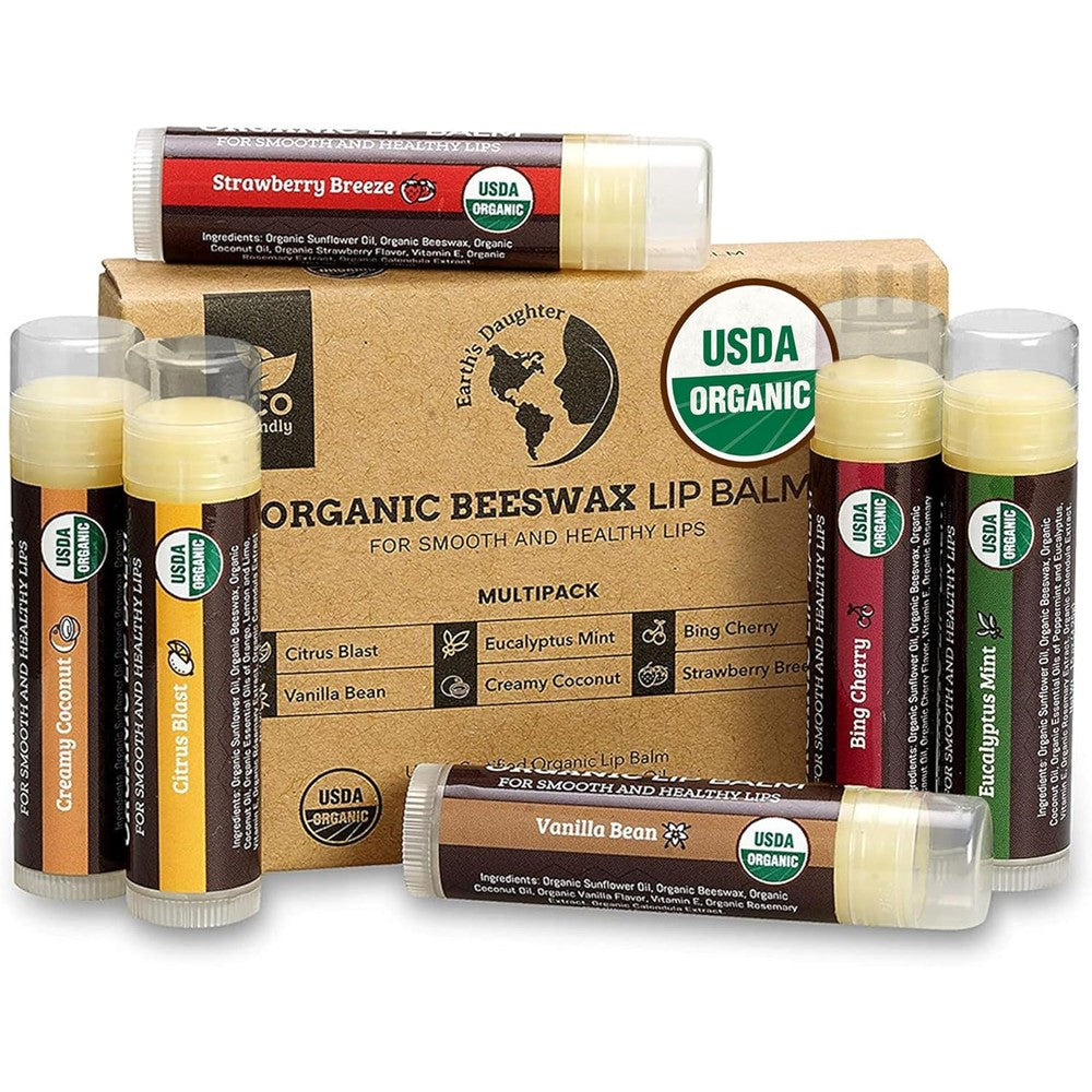 Earth's Daughter USDA Organic Lip Balm 6-Pack front view with fruit flavors