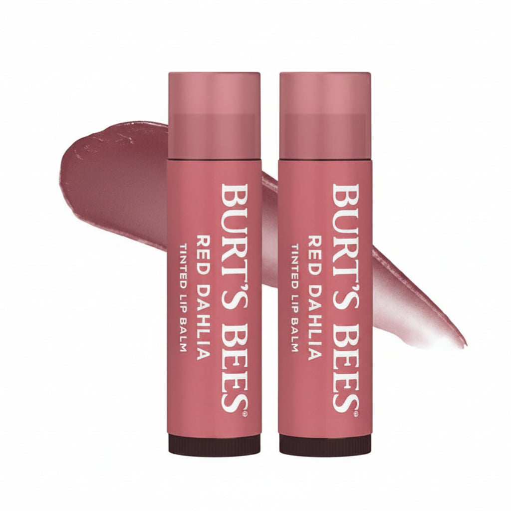 Burt's Bees Tinted Lip Balm Red Dahlia front view packaging showing twin tubes for hydrating lip care.