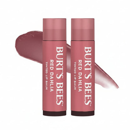 Burt's Bees Tinted Lip Balm Red Dahlia front view packaging showing twin tubes for hydrating lip care.