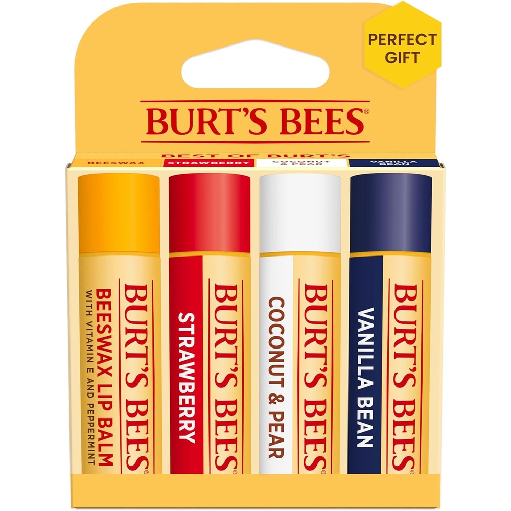 Burt's Bees Natural Moisturizing Lip Balm variety four pack front view showing all flavor tubes.