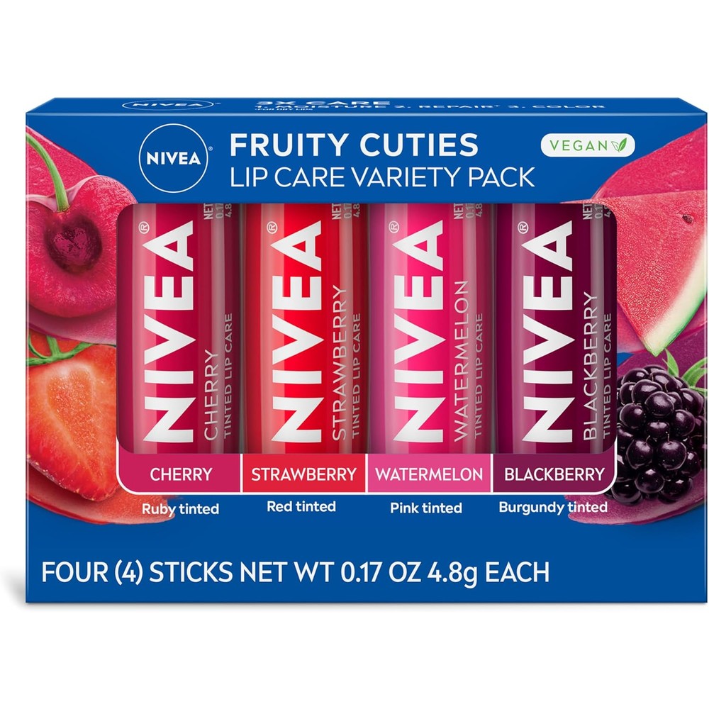 Nivea Fruity Tinted Lip Balm Variety Pack front view showing four flavors