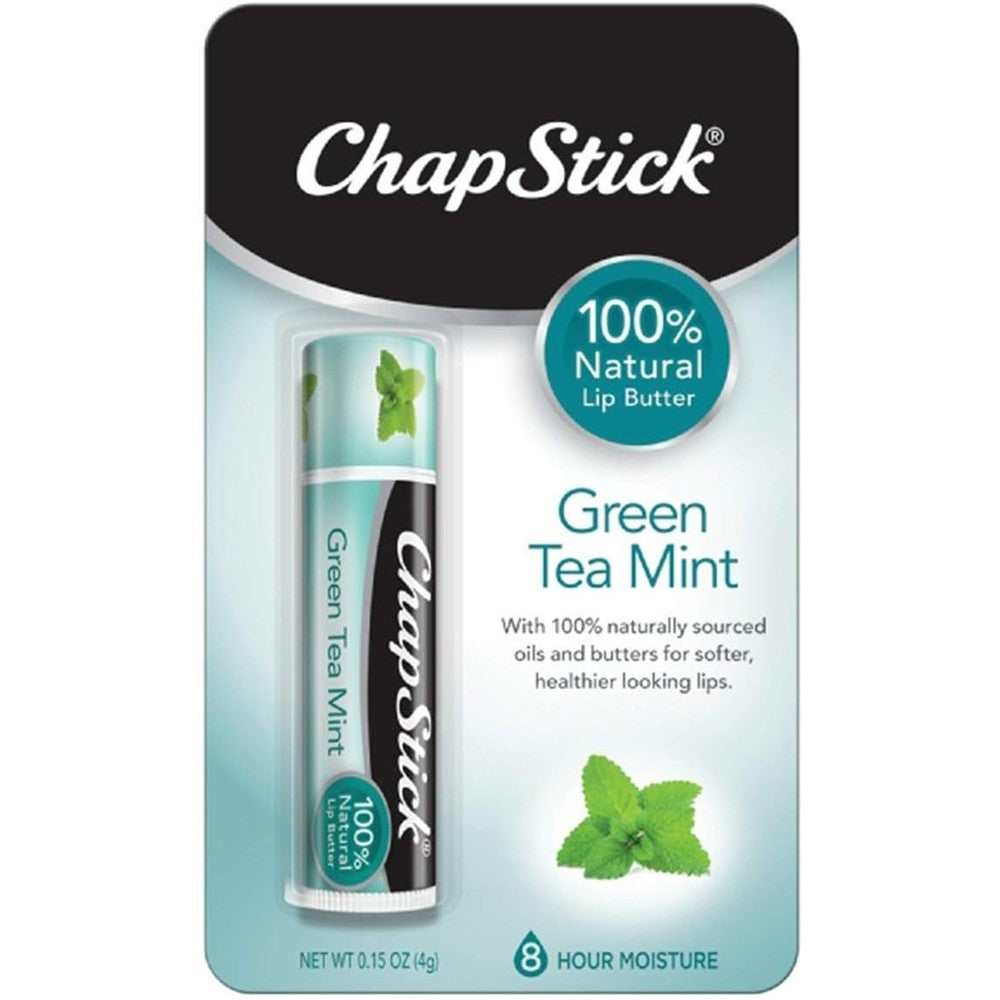 ChapStick 100 Percent Natural Lip Butter Green Tea Mint three pack front view showcasing authentic USA packaging.