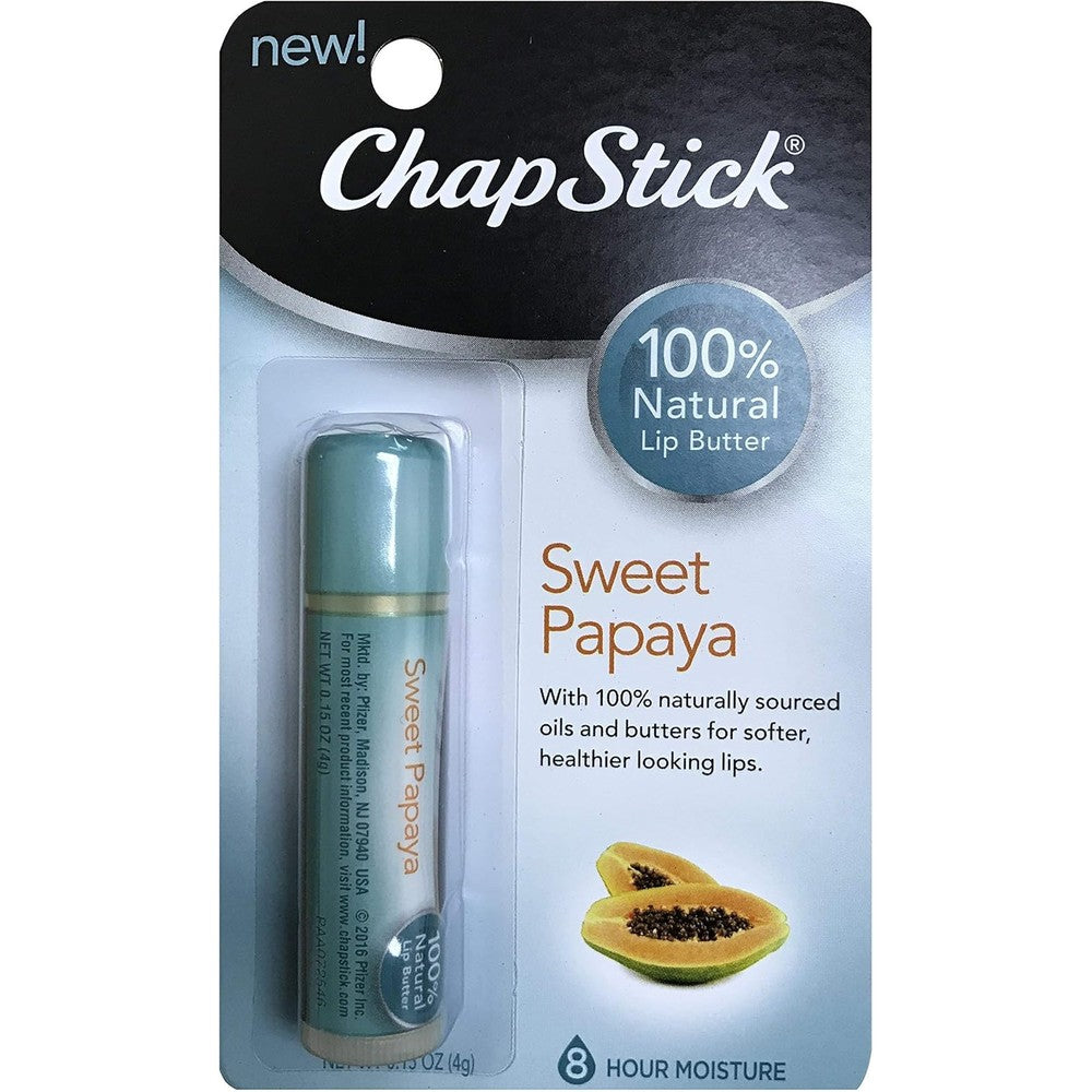 ChapStick 100 Percent Natural Lip Butter Sweet Papaya three pack front view authentic hydrating lip balm
