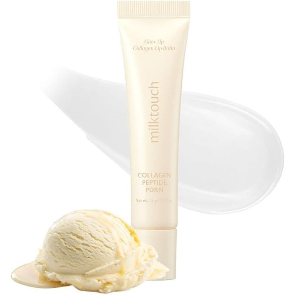 MILKTOUCH Vegan Glow Up Collagen Lip Balm tube in Vanilla Cake flavor