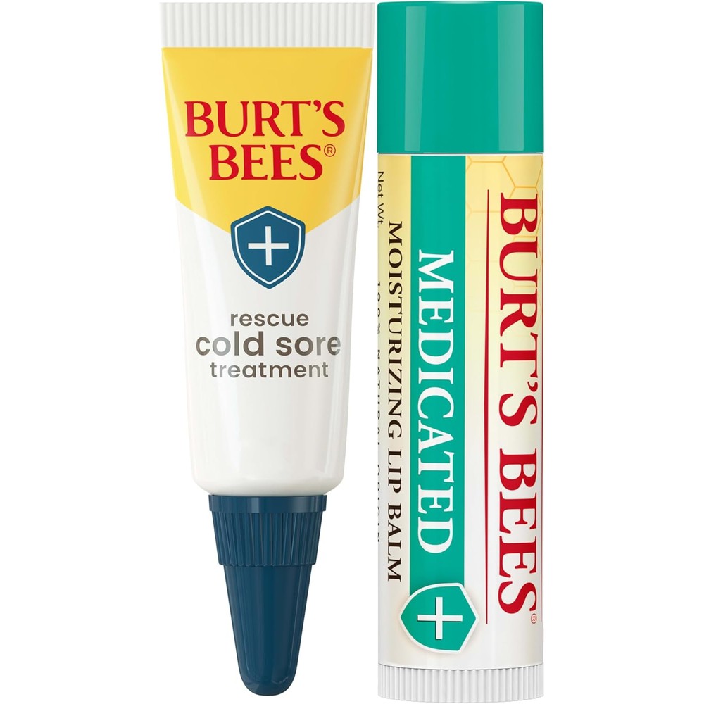Burt's Bees Rapid Rescue Cold Sore Treatment and Medicated Lip Balm pack front view showing two natural tubes.