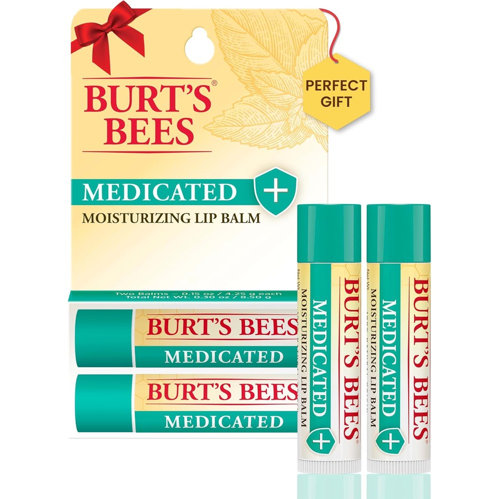 Burt's Bees Medicated Moisturizing Lip Balm twin pack front view showcasing authentic USA imported packaging.
